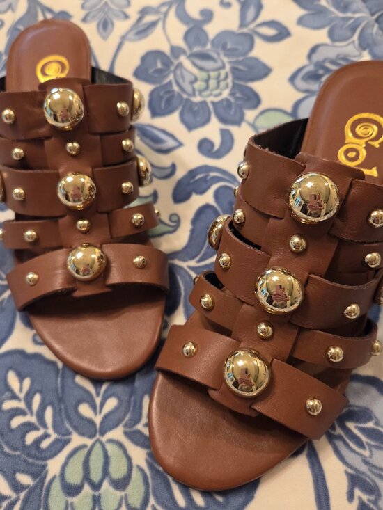 Golo Shoes - Golo Worthy Brown Gold Studded Itailan Leather Slide Block Heeled Sandal